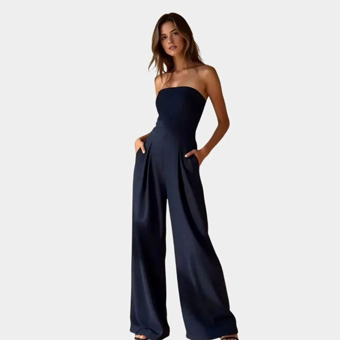 Women's Strapless Wide-Leg Elegant Jumpsuit Pockets - Dark Blue