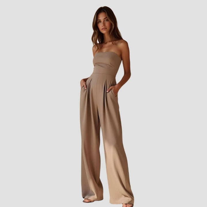 Women's Strapless Wide-Leg Elegant Jumpsuit Pockets - Beige