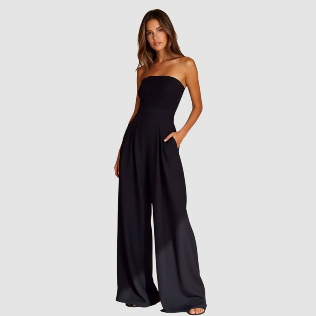 Women's Strapless Wide-Leg Elegant Jumpsuit Pockets - Black