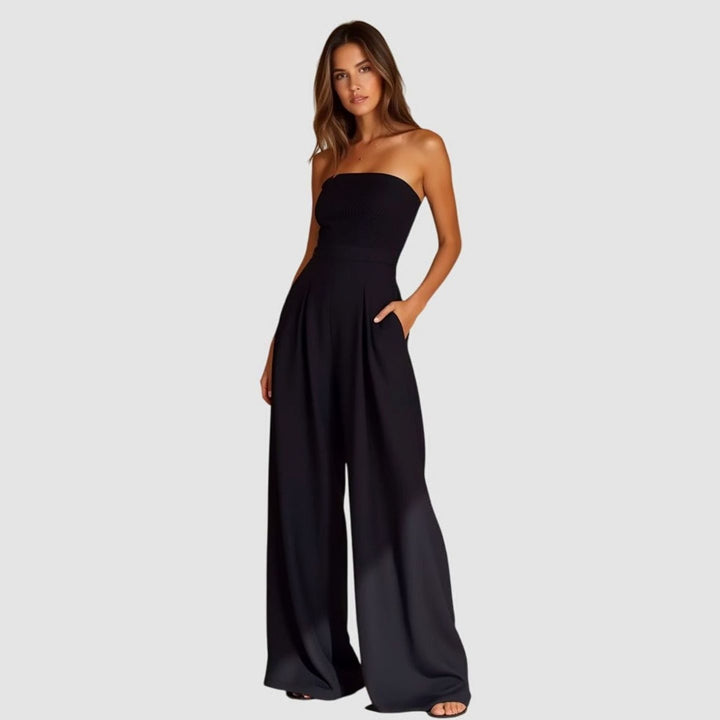 Women's Strapless Wide-Leg Elegant Jumpsuit Pockets - Black