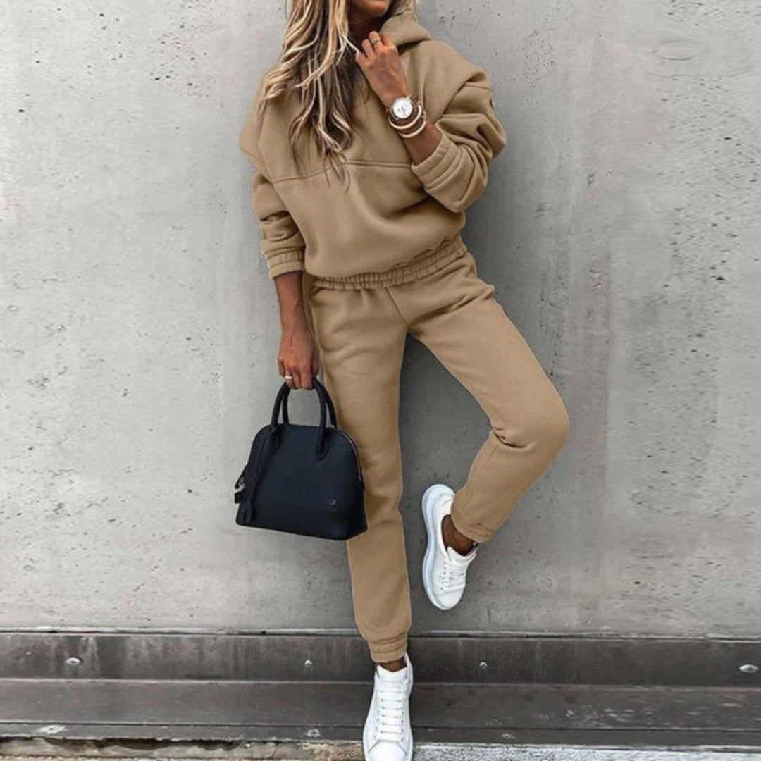 Women's Stretch Fit Hoodie Joggers Matching Athleisure Set - Beige
