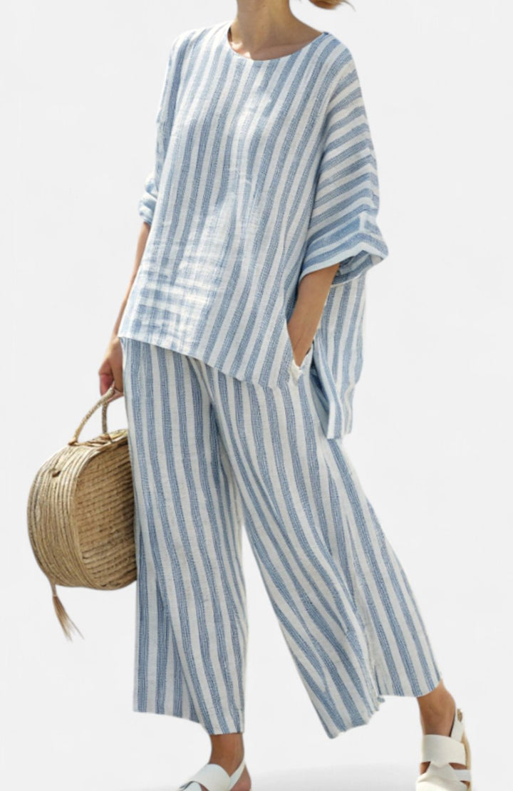 Women's Striped Linen Top Wide-Leg Pants Two-Piece Set