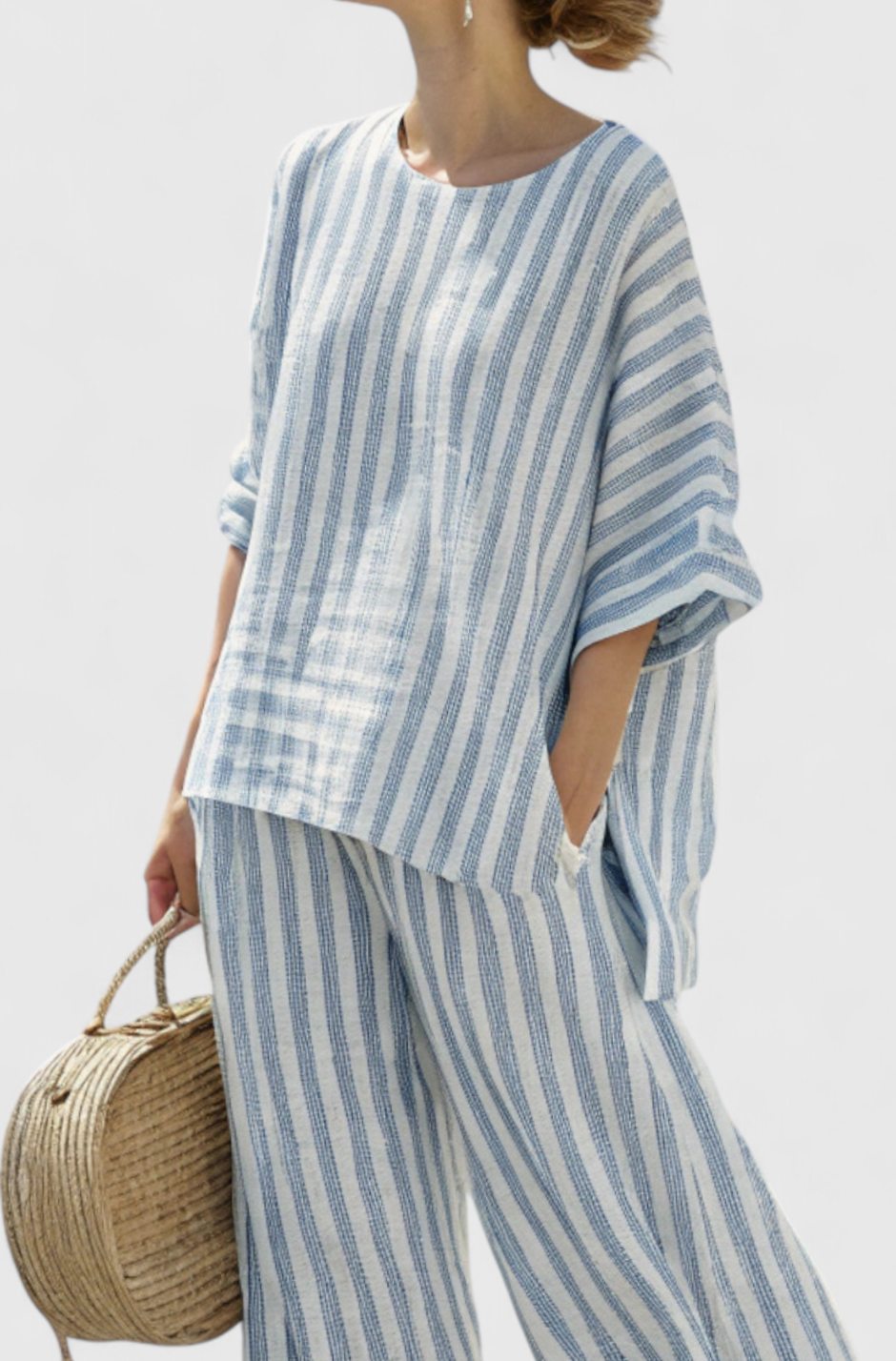 Women's Striped Linen Top Wide-Leg Pants Two-Piece Set