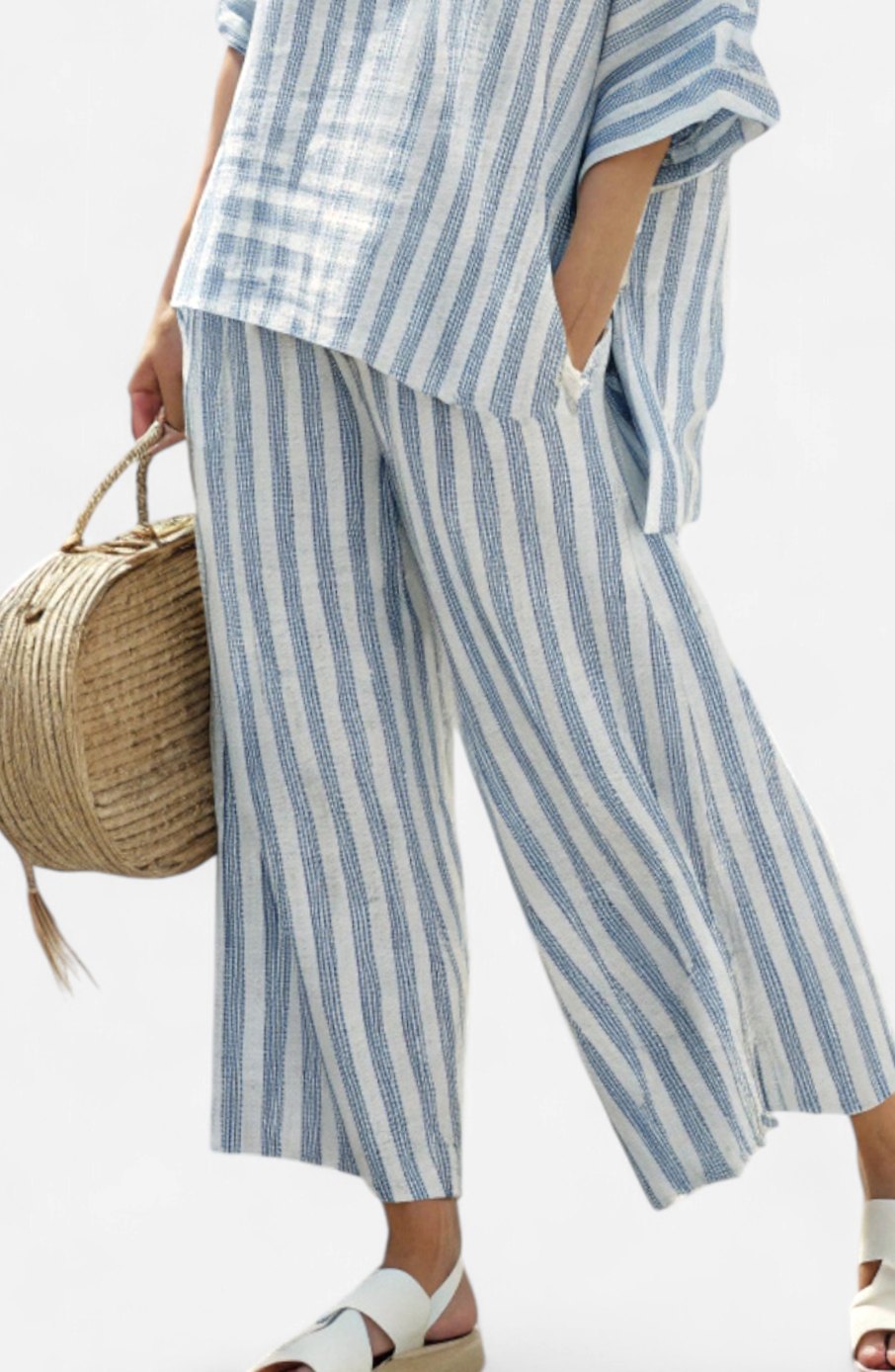 Women's Striped Linen Top Wide-Leg Pants Two-Piece Set