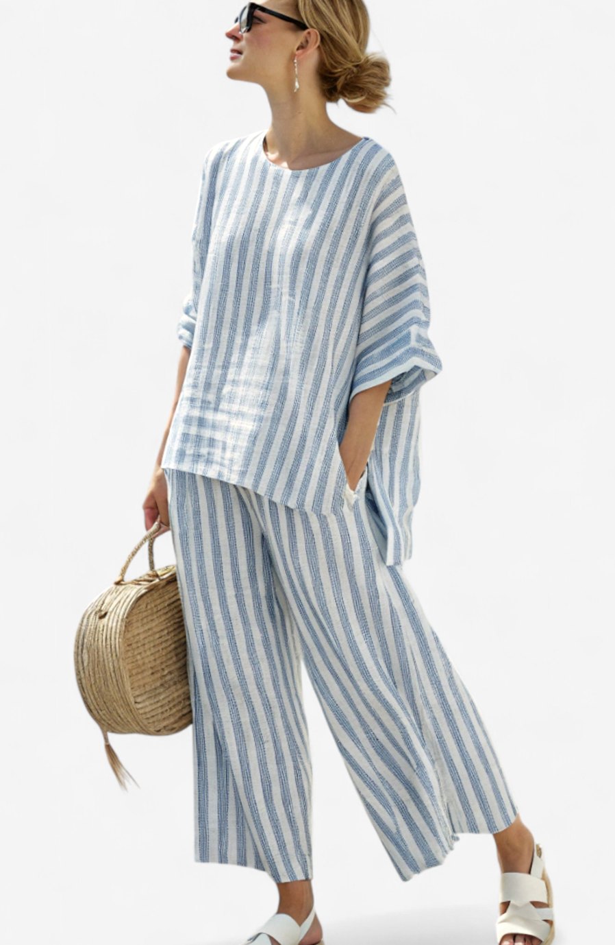 Women's Striped Linen Top Wide-Leg Pants Two-Piece Set - Blue Stripe
