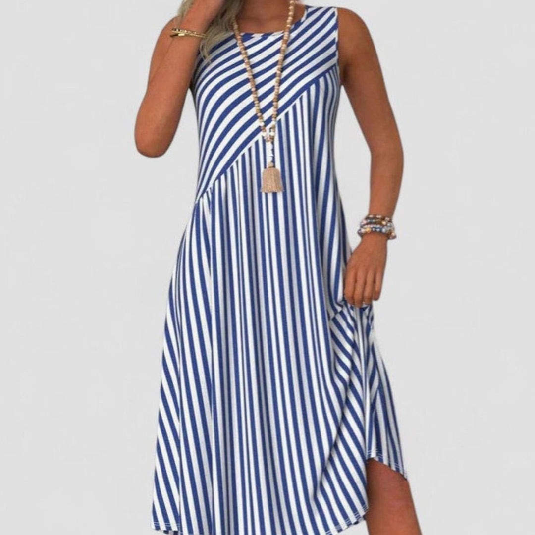 Women's Striped Sleeveless A-Line Sophisticated Dress - Blue and White