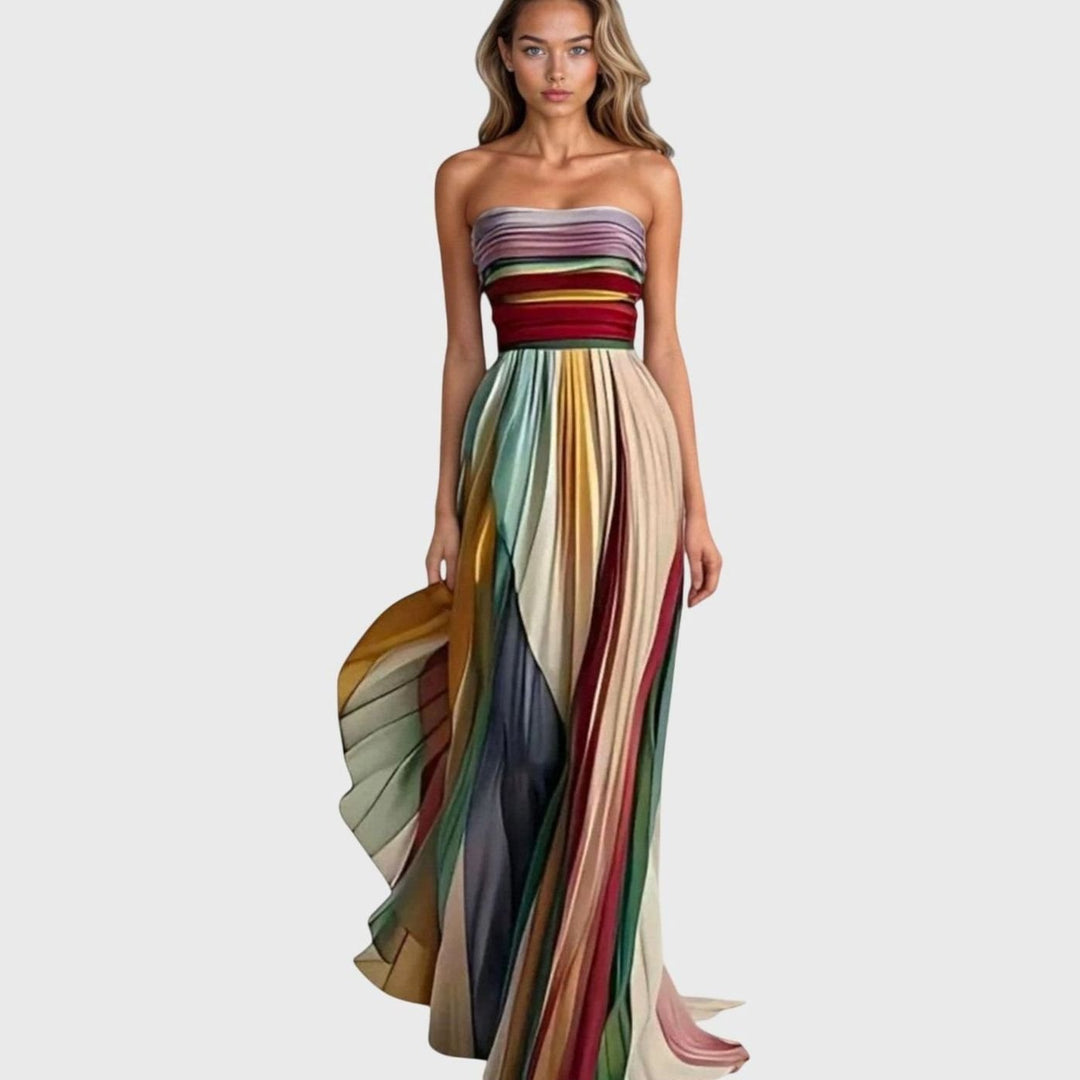 Women's Striped Strapless Loose-Fit Long Dress Pleated Maxi - Premium