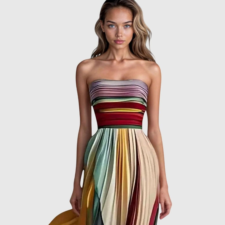 Women's Striped Strapless Loose-Fit Long Dress Pleated Maxi