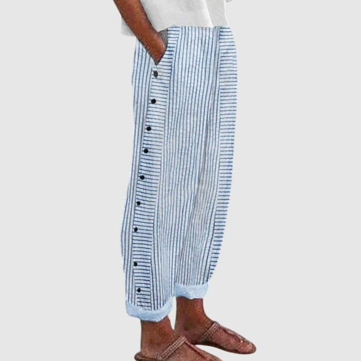 Women's Striped Wide-Leg Button-Trim Elastic-Waist Pants - Blue