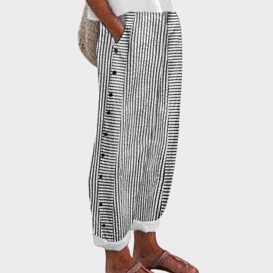 Women's Striped Wide-Leg Button-Trim Elastic-Waist Pants - Black