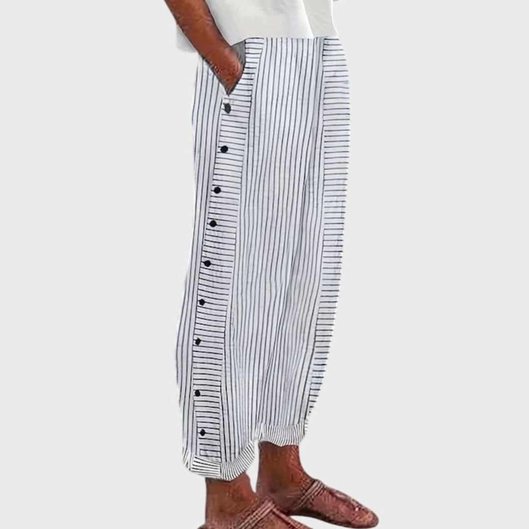 Women's Striped Wide-Leg Button-Trim Elastic-Waist Pants - Gray