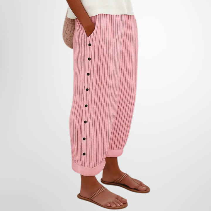 Women's Striped Wide-Leg Button-Trim Elastic-Waist Pants - Red