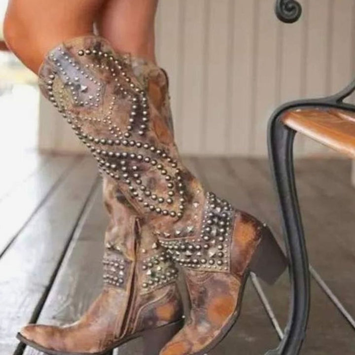 Women's Studded Knee-High Chunky Heel Western Cowboy Boots - Brown