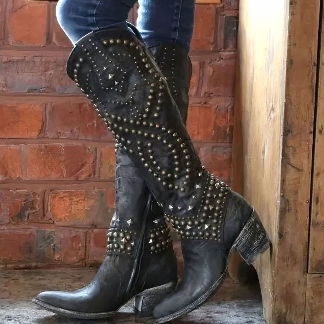 Women's Studded Knee-High Chunky Heel Western Cowboy Boots - Black