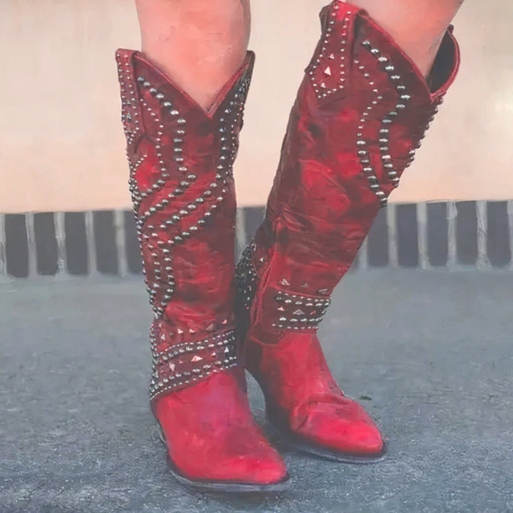 Women's Studded Knee-High Chunky Heel Western Cowboy Boots - Red