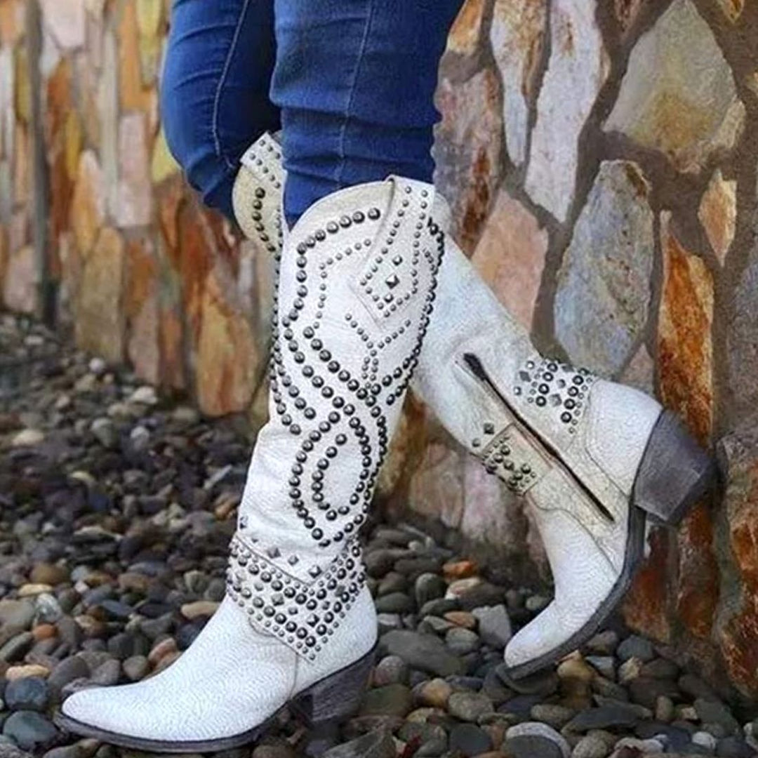 Women's Studded Knee-High Chunky Heel Western Cowboy Boots - White