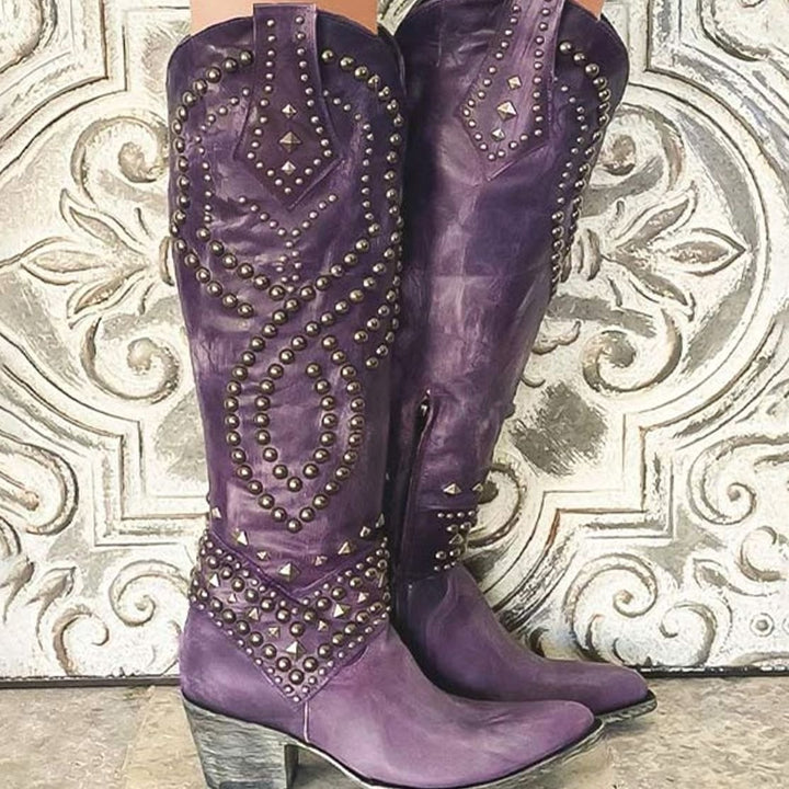 Women's Studded Knee-High Chunky Heel Western Cowboy Boots - Purple