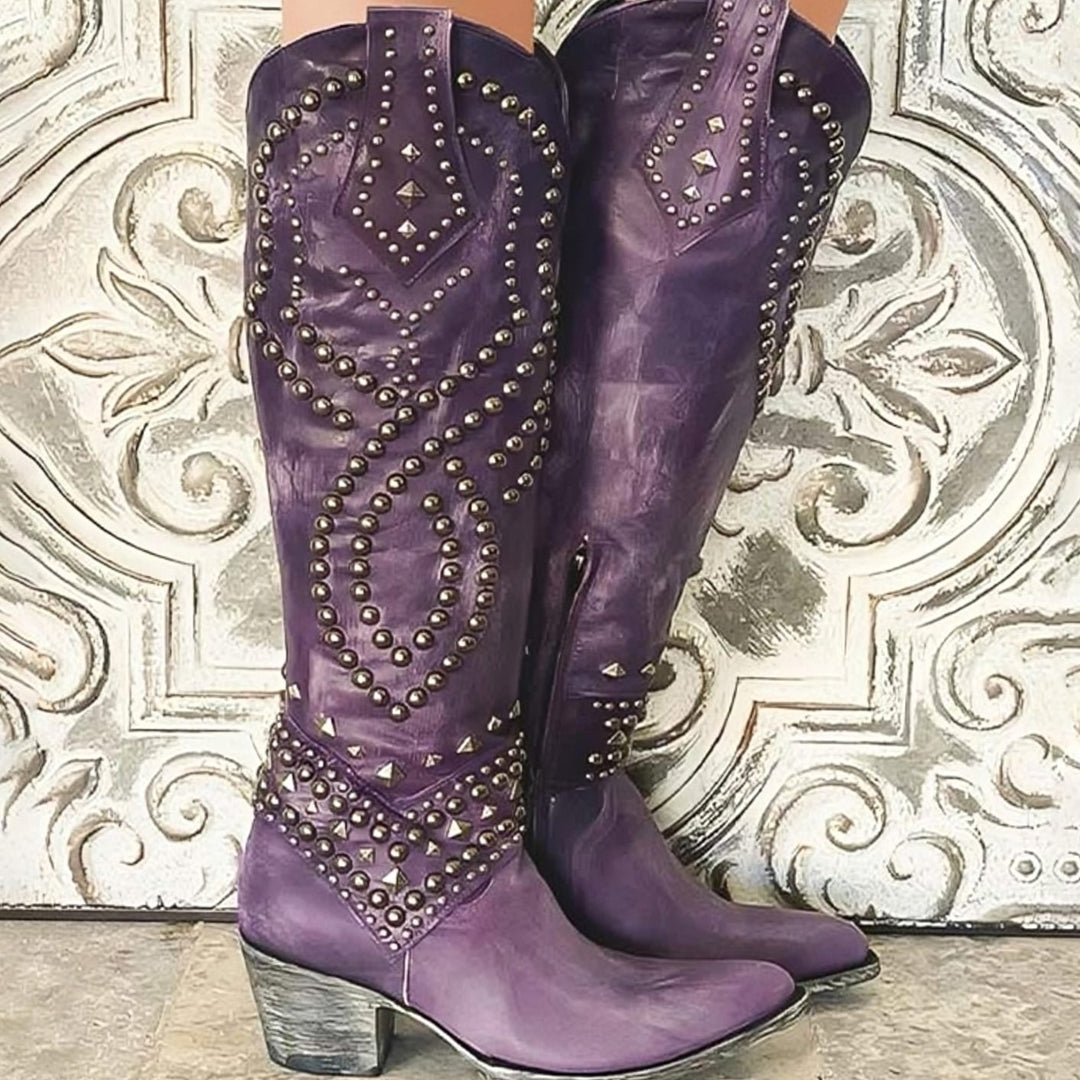 Women's Studded Knee-High Cowboy Boots Pointed-Toe Block-Heel Western - Purple
