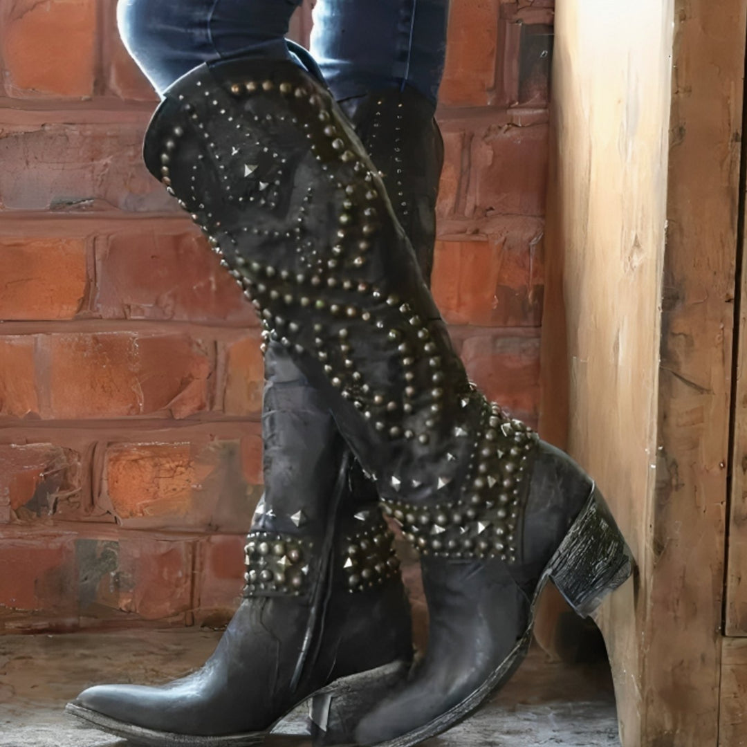 Women's Studded Knee-High Cowboy Boots Pointed-Toe Block-Heel Western - Black