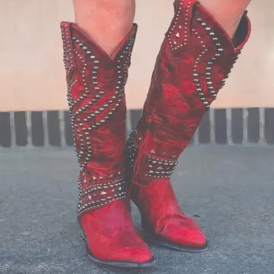 Women's Studded Knee-High Cowboy Boots Pointed-Toe Block-Heel Western - Red