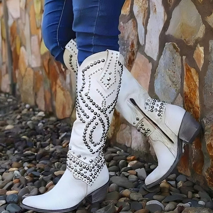 Women's Studded Knee-High Cowboy Boots Pointed-Toe Block-Heel Western - White