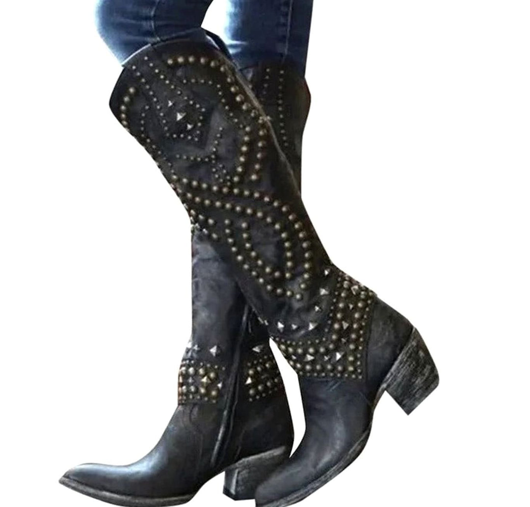 Women's Studded Knee-High Western Cowboy Boots Block Heel - Black