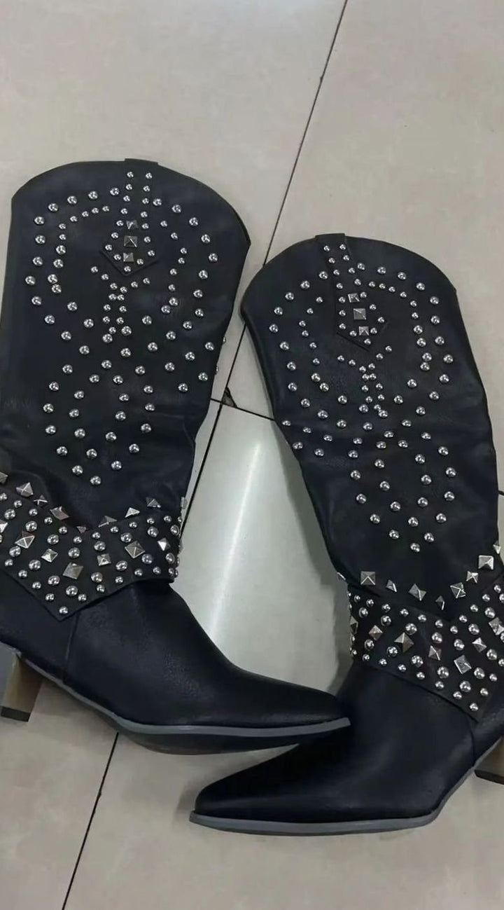Women's Studded Knee-High Western Cowboy Boots Block Heel