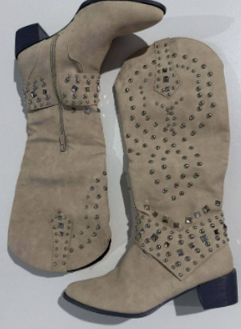 Women's Studded Knee-High Western Cowboy Boots Block Heel - Beige