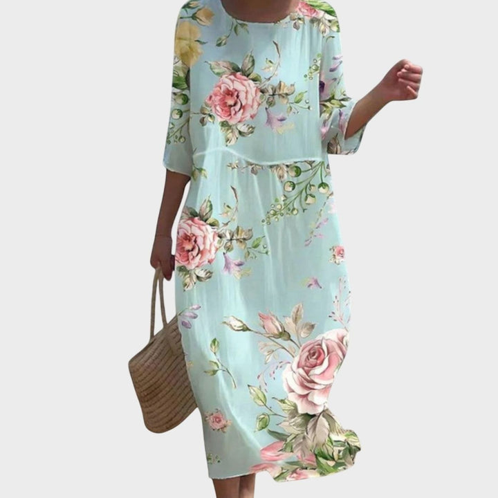 Women's Stylish Floral Maxi Dress Three-Quarter Sleeve Round Neck - Blue
