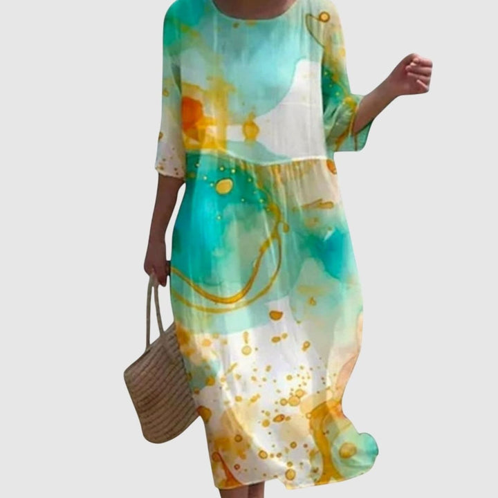 Women's Stylish Floral Maxi Dress Three-Quarter Sleeve Round Neck - Green