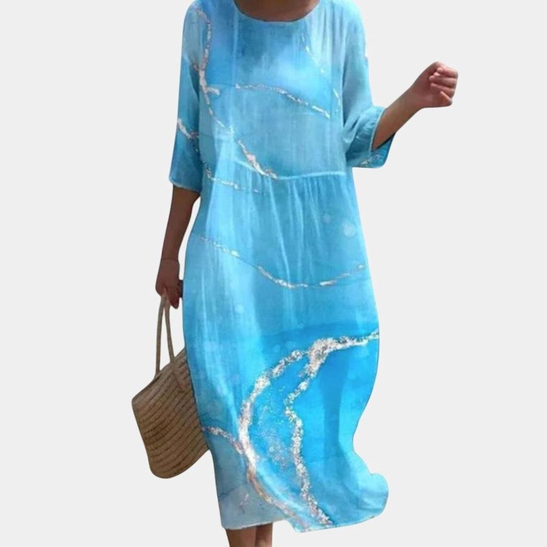 Women's Stylish Floral Maxi Dress Three-Quarter Sleeve Round Neck - Sky Blue