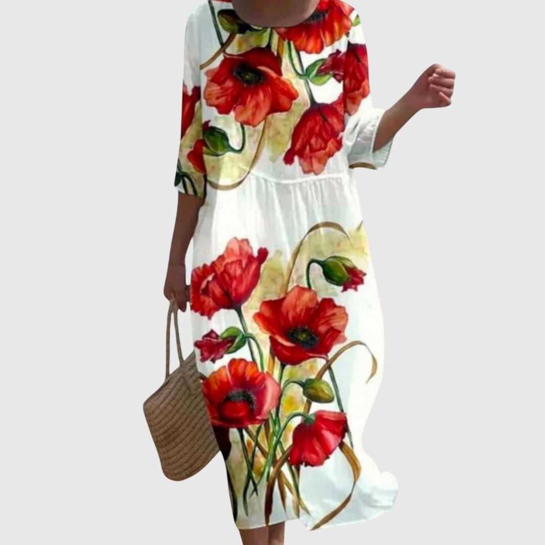 Women's Stylish Floral Maxi Dress Three-Quarter Sleeve Round Neck - Red