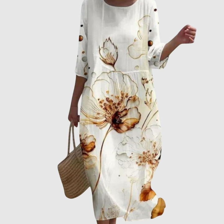Women's Stylish Floral Maxi Dress Three-Quarter Sleeve Round Neck - White