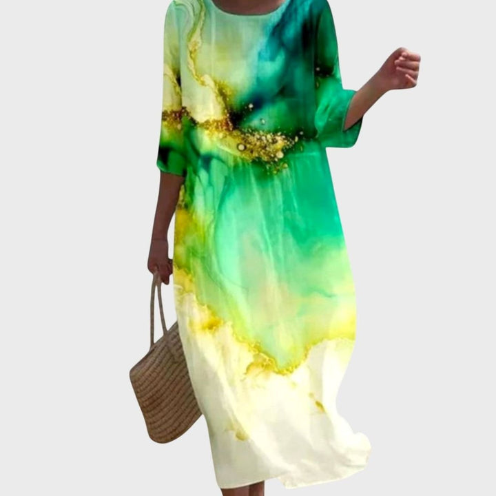 Women's Stylish Floral Maxi Dress Three-Quarter Sleeve Round Neck - Dark Green