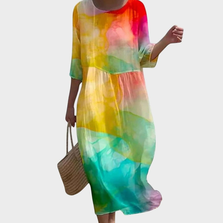 Women's Stylish Floral Maxi Dress Three-Quarter Sleeve Round Neck - Multicolor