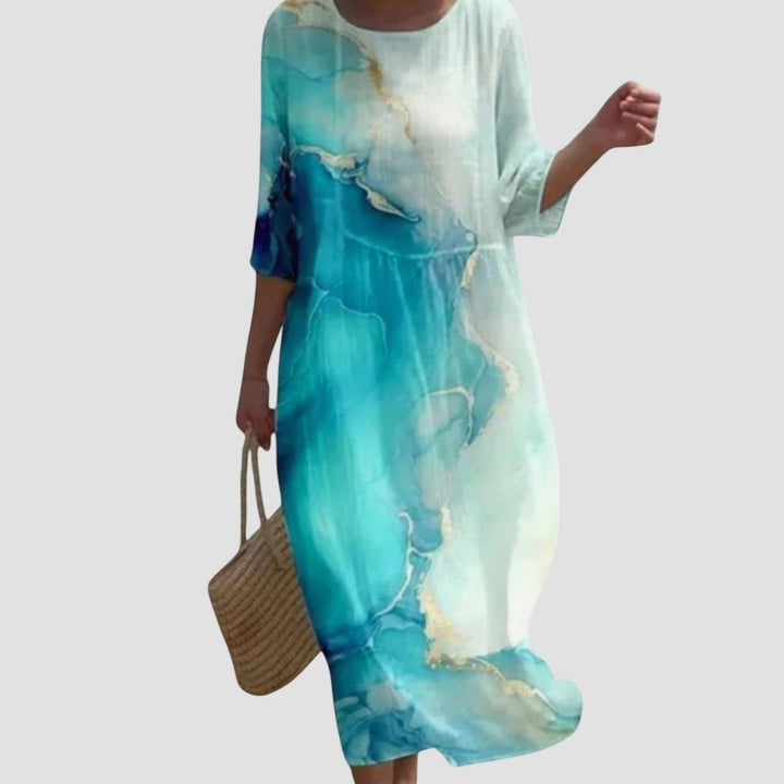 Women's Stylish Floral Maxi Dress Three-Quarter Sleeve Round Neck - Blue and White