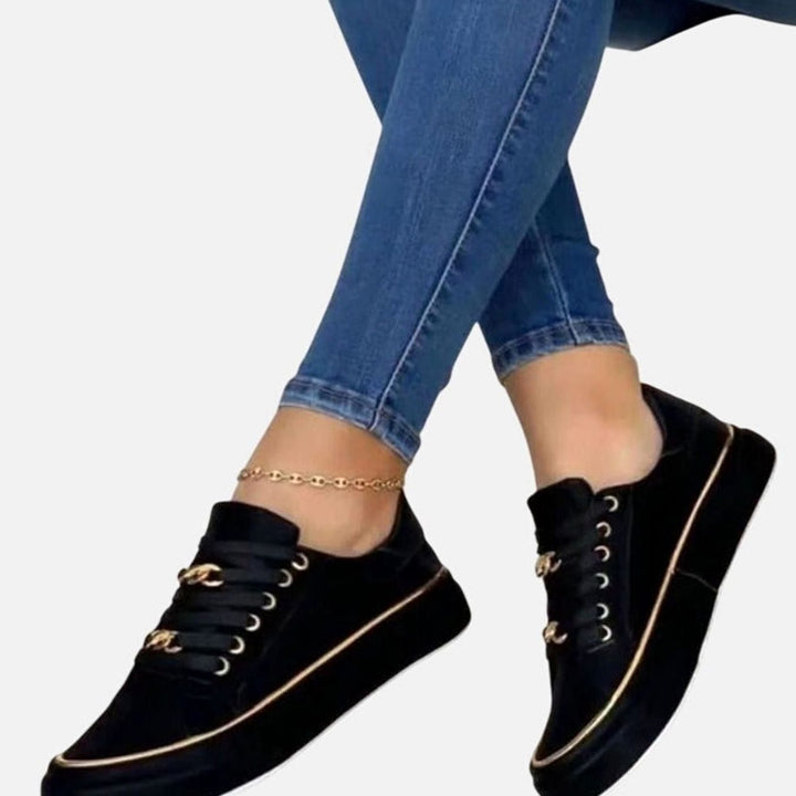 Women's Stylish Orthopedic Gold-Chain Lace-Up Platform Sneakers - Black