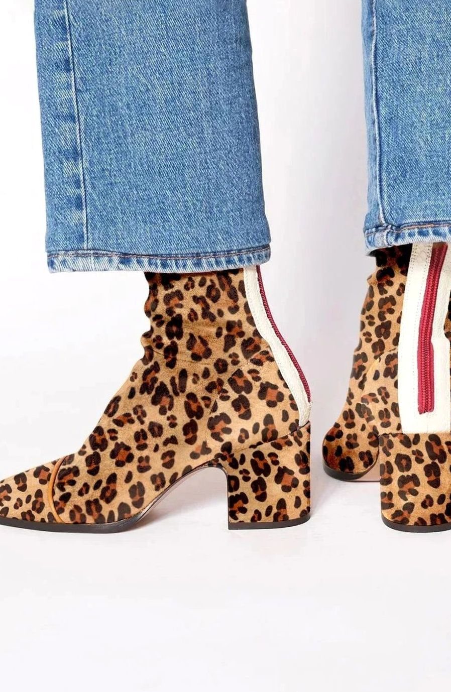Women's Suede Block-Heel Leopard-Toe Zip Ankle Boots - Leopard Print