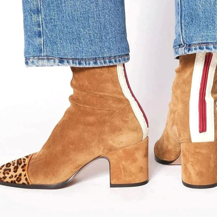 Women's Suede Block-Heel Leopard-Toe Zip Ankle Boots