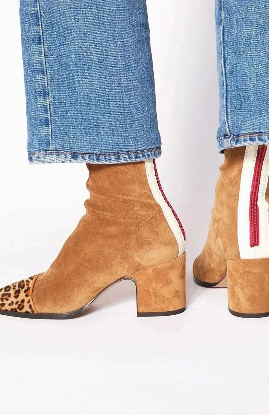 Women's Suede Block-Heel Leopard-Toe Zip Ankle Boots - Brown