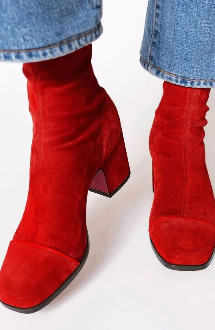 Women's Suede Block-Heel Leopard-Toe Zip Ankle Boots - Red