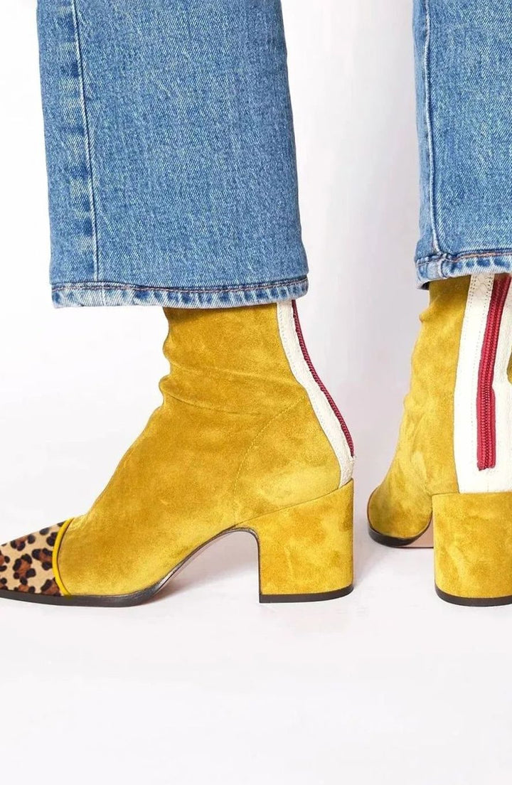 Women's Suede Block-Heel Leopard-Toe Zip Ankle Boots - Yellow