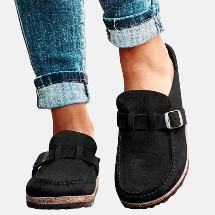 Women's Suede Buckle-Strap Orthopedic Clogs Arch-Support Slip-On - Black
