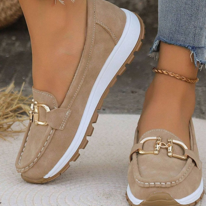 Women's Suede Flat-Wedge Gold-Buckle Orthopedic Loafers