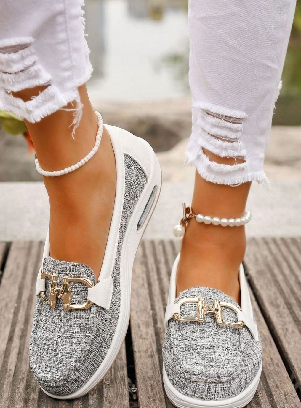 Women's Suede Flat-Wedge Gold-Buckle Orthopedic Loafers - Gray