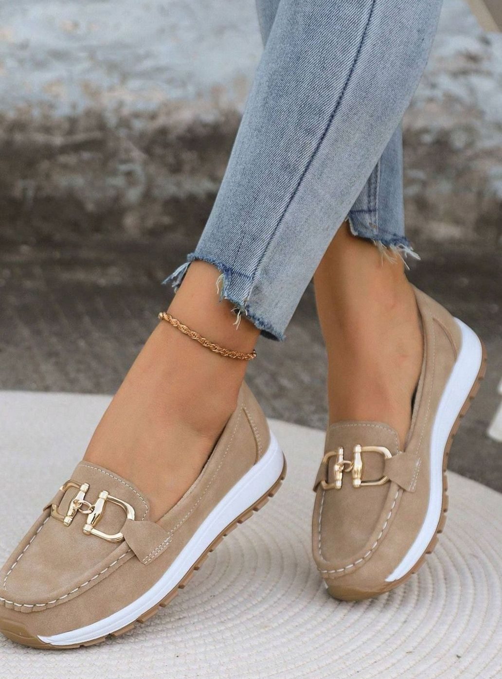 Women's Suede Flat-Wedge Gold-Buckle Orthopedic Loafers - Khaki