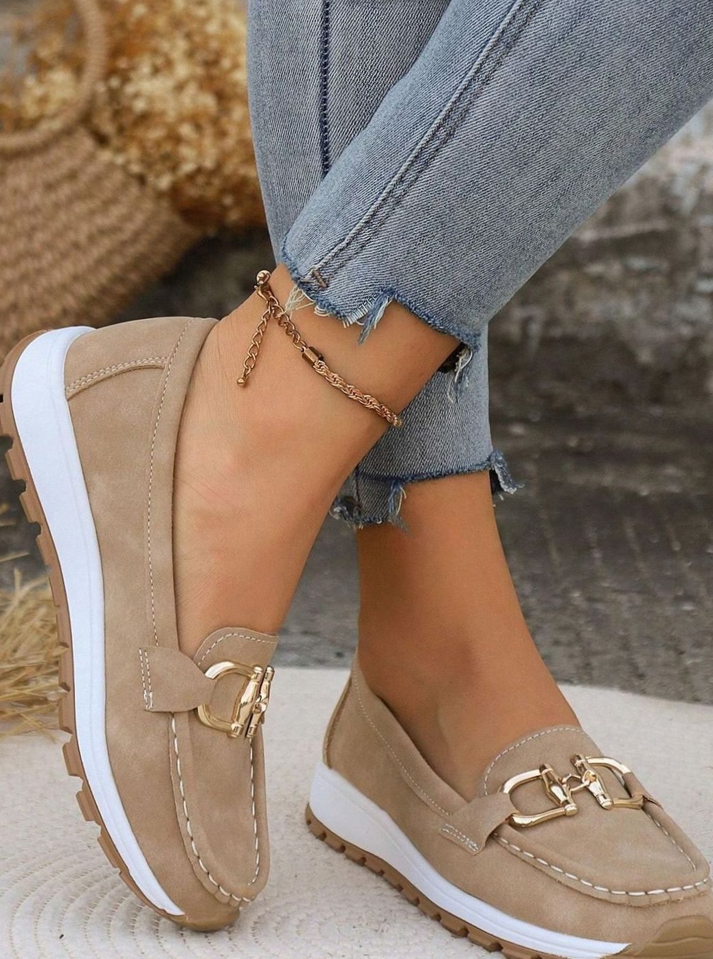 Women's Suede Flat-Wedge Gold-Buckle Orthopedic Loafers