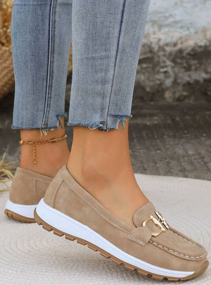 Women's Suede Flat-Wedge Gold-Buckle Orthopedic Loafers