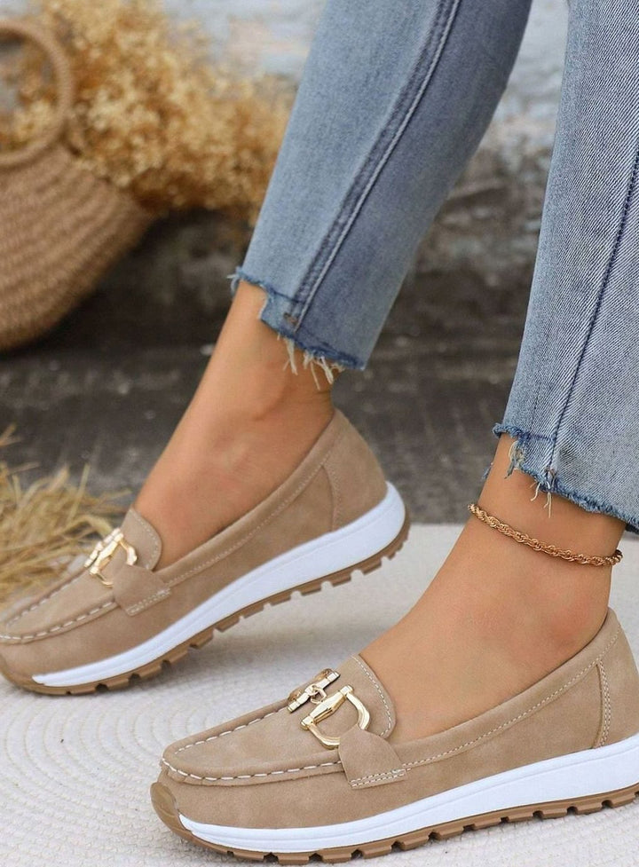Women's Suede Flat-Wedge Gold-Buckle Orthopedic Loafers