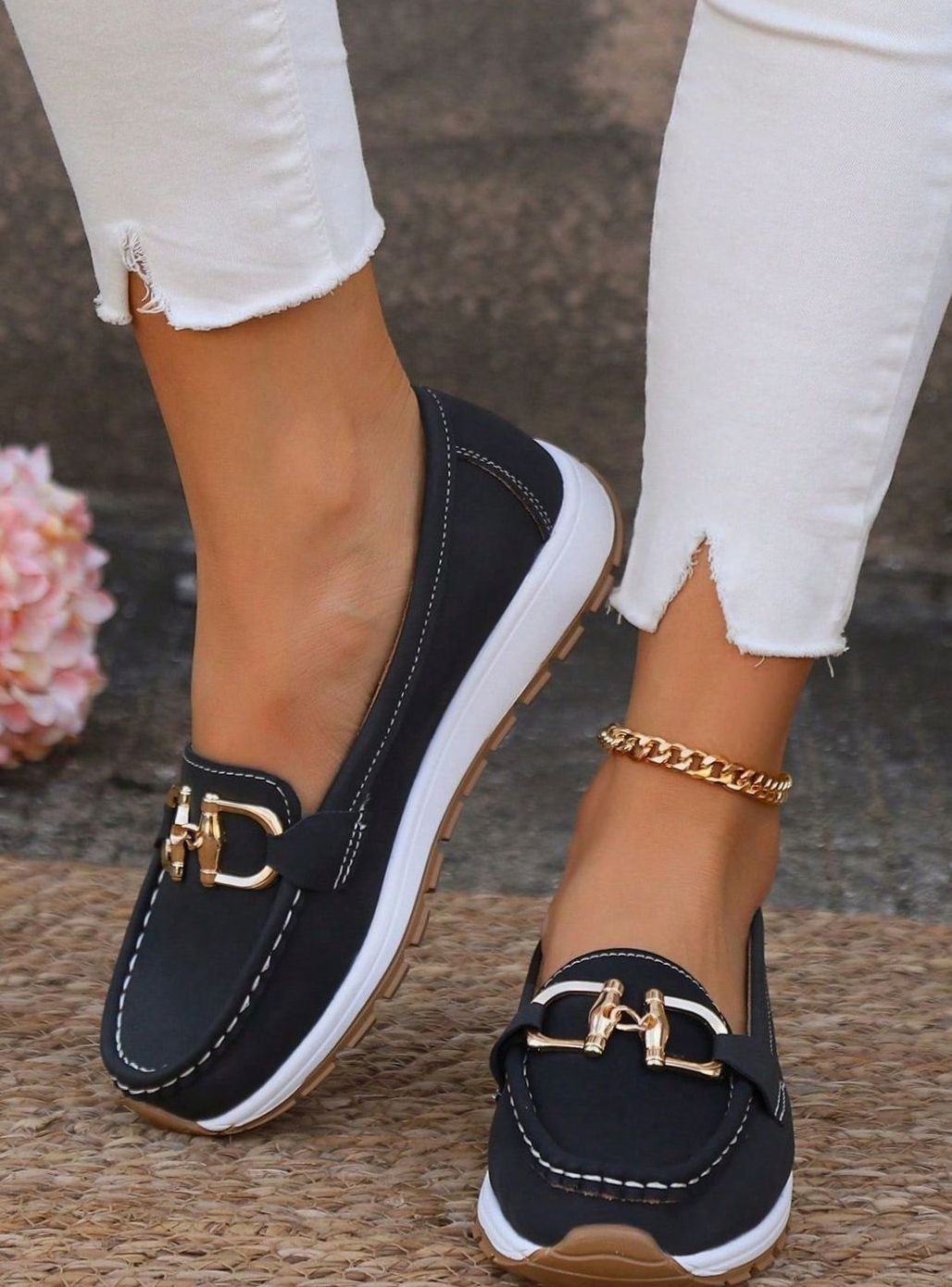 Women's Suede Flat-Wedge Gold-Buckle Orthopedic Loafers - Black
